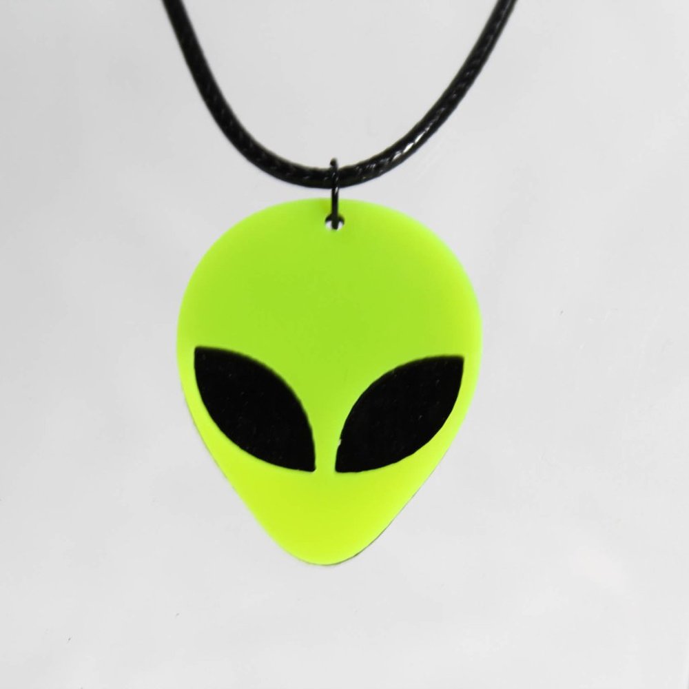 🔨 90s Inspired Unisex Neon Yellow Alien "We Are Out There" Black Cord Necklace